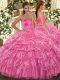 Fabulous Rose Pink Sleeveless Organza Lace Up Vestidos de Quinceanera for Military Ball and Sweet 16 and Quinceanera