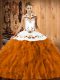 Halter Top Sleeveless 15th Birthday Dress Floor Length Embroidery and Ruffles Orange Red Satin and Organza