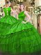 Scoop Sleeveless Sweet 16 Dresses Floor Length Embroidery and Ruffled Layers Green Organza