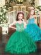 Turquoise Ball Gowns Spaghetti Straps Sleeveless Tulle Floor Length Lace Up Beading and Ruffles Kids Pageant Dress