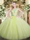 Custom Made Yellow Green Ball Gowns Scoop Sleeveless Tulle Floor Length Backless Lace Quinceanera Dress
