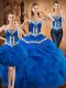 Blue Vestidos de Quinceanera Military Ball and Sweet 16 and Quinceanera with Embroidery and Ruffles Sweetheart Sleeveless Lace Up