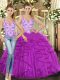 Fancy Tulle Straps Sleeveless Lace Up Beading and Ruffles Quinceanera Dress in Fuchsia