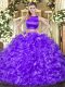 Excellent Floor Length Criss Cross Vestidos de Quinceanera Eggplant Purple for Military Ball and Sweet 16 and Quinceanera with Ruffles