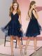 Inexpensive Navy Blue Tulle Backless Bridesmaids Dress Sleeveless Knee Length Appliques and Ruffles