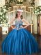 Blue Sleeveless Appliques Floor Length Glitz Pageant Dress