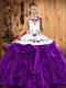 Sexy Sleeveless Floor Length Embroidery and Ruffles Lace Up Quinceanera Dress with Purple
