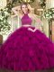 Custom Made Floor Length Fuchsia Sweet 16 Dresses Halter Top Sleeveless Backless