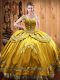 Satin and Organza Off The Shoulder Sleeveless Lace Up Beading and Embroidery Quinceanera Dress in Gold