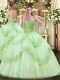 Sleeveless Tulle Floor Length Lace Up Sweet 16 Dress in Apple Green with Beading and Appliques
