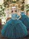 Stylish Floor Length Lace Up Child Pageant Dress Teal for Quinceanera with Beading and Ruffles
