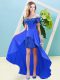 Blue Elastic Woven Satin and Sequined Lace Up Evening Dress Short Sleeves Ankle Length Beading