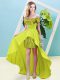 Yellow Elastic Woven Satin and Sequined Lace Up Prom Dress Short Sleeves High Low Beading