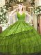 Extravagant Olive Green Ball Gowns Embroidery and Ruffled Layers Sweet 16 Quinceanera Dress Zipper Satin and Organza Sleeveless Floor Length