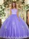 Sleeveless Floor Length Lace and Appliques Clasp Handle Quinceanera Dresses with Lavender