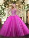 Fuchsia Ball Gowns Beading Quinceanera Dresses Lace Up Tulle Sleeveless Floor Length