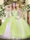 Romantic Yellow Green Backless Sweet 16 Quinceanera Dress Lace and Ruffles Sleeveless Floor Length