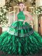 Beauteous Satin and Organza Halter Top Sleeveless Backless Beading and Embroidery and Ruffles Sweet 16 Dresses in Dark Green