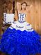 Sleeveless Floor Length Embroidery and Ruffles Lace Up Quinceanera Dresses with Blue And White