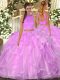 Sleeveless Floor Length Beading and Ruffles Backless Quince Ball Gowns with Lilac