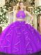 Scoop Sleeveless 15th Birthday Dress Floor Length Ruffles Purple Organza