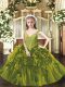 Most Popular Olive Green Organza Lace Up V-neck Sleeveless Floor Length Pageant Gowns For Girls Beading and Ruffles