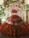 Attractive Rust Red Vestidos de Quinceanera Military Ball and Sweet 16 and Quinceanera with Beading and Ruffles High-neck Sleeveless Backless