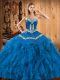 Exceptional Satin and Organza Sweetheart Sleeveless Lace Up Embroidery and Ruffles Sweet 16 Quinceanera Dress in Blue
