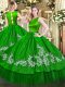 Green Satin and Tulle Clasp Handle Sweet 16 Dresses Sleeveless Floor Length Embroidery