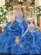 Luxurious Blue Sleeveless Beading and Ruffles Floor Length Ball Gown Prom Dress