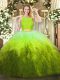 Deluxe Olive Green Ball Gowns Organza Scoop Sleeveless Lace and Ruffles Floor Length Zipper Sweet 16 Dress