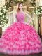 Beading and Ruffled Layers Quince Ball Gowns Hot Pink Zipper Sleeveless Floor Length