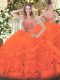 Wonderful Orange Red Tulle Zipper Halter Top Sleeveless Floor Length 15 Quinceanera Dress Beading and Ruffles
