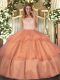 Trendy Orange Organza Clasp Handle Scoop Sleeveless Floor Length 15th Birthday Dress Lace and Ruffled Layers