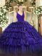Fantastic Purple Ball Gowns V-neck Sleeveless Organza Floor Length Zipper Beading and Ruffled Layers Sweet 16 Dress