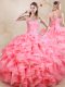 Noble Watermelon Red Organza Lace Up Quinceanera Dresses Sleeveless Floor Length Beading and Ruffles