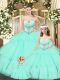 Beading and Ruching Ball Gown Prom Dress Aqua Blue Lace Up Sleeveless Floor Length
