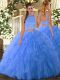 Admirable Baby Blue Two Pieces Halter Top Sleeveless Tulle Floor Length Backless Beading and Ruffles Quinceanera Gown