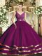 Nice Fuchsia V-neck Backless Beading and Ruffled Layers and Ruching Quince Ball Gowns Sleeveless