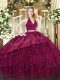 Burgundy Sleeveless Embroidery and Ruffled Layers Floor Length Quince Ball Gowns