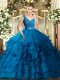 Pretty Floor Length Backless Quinceanera Dresses Blue for Sweet 16 and Quinceanera with Beading and Ruching