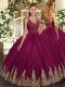 Burgundy Ball Gowns Tulle V-neck Sleeveless Beading and Appliques Floor Length Backless Quinceanera Gown