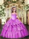 Lilac Organza Lace Up Girls Pageant Dresses Sleeveless Floor Length Appliques and Ruffled Layers