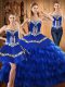 Floor Length Lace Up 15th Birthday Dress Blue for Military Ball and Sweet 16 and Quinceanera with Embroidery and Ruffled Layers