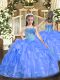 Blue Ball Gowns Organza and Sequined Straps Sleeveless Ruffles and Sequins Floor Length Lace Up Little Girls Pageant Dress