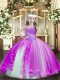 Straps Sleeveless Little Girl Pageant Dress Floor Length Beading Fuchsia Tulle