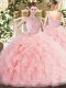 Baby Pink Tulle Zipper Sweet 16 Quinceanera Dress Sleeveless Floor Length Beading and Ruffles