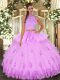 Floor Length Lilac Sweet 16 Dresses Tulle Sleeveless Beading and Appliques and Ruffles