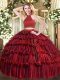 Sweet Wine Red Sleeveless Organza Backless Quince Ball Gowns for Military Ball and Sweet 16 and Quinceanera