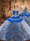 Multi-color Sleeveless Fabric With Rolling Flowers Sweep Train Lace Up 15 Quinceanera Dress for Military Ball and Sweet 16 and Quinceanera